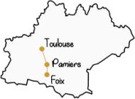 Carte de l'occitanie, trajet de Foix à Toulouse